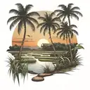 rice fields sunset scene coconut trees inside tattoo design idea