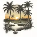 rice fields sunset scene coconut trees inside tattoo design idea