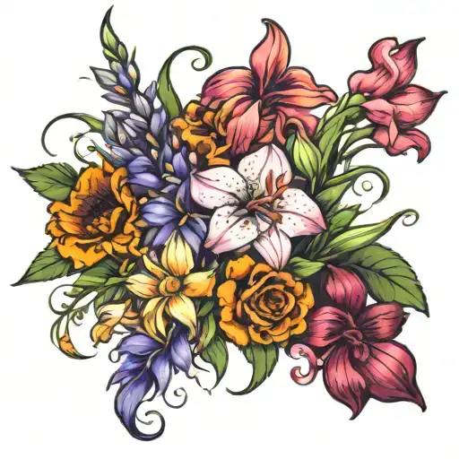 gladiolus,rose,orchid,lavender,lily of the valley,sunflower,marigold,aster,morning glory,irises,honey suckle flowers tattoo design idea