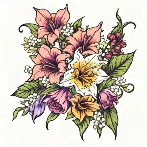 gladiolus,roses,orchid,lavander,lily of the valley,honey suckle,marigold,sunflower,aster,morning glory,irises flowers tattoo design idea