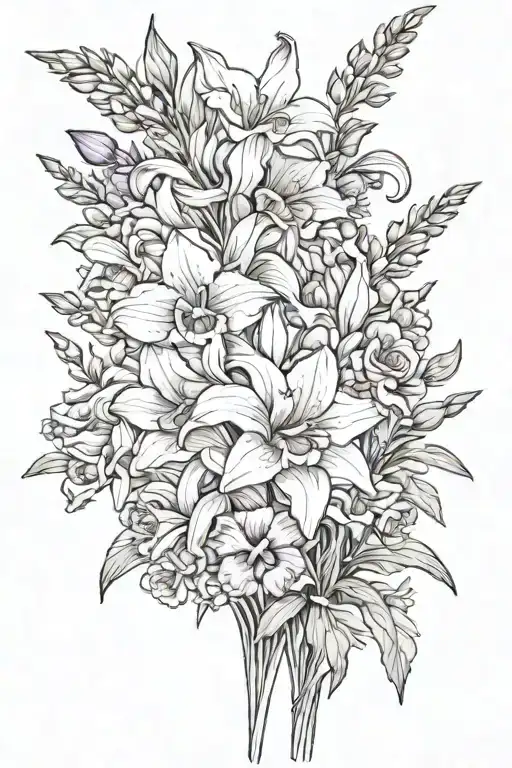 gladiolus,roses,orchid,lavander,lily of the valley,honey suckle,marigold,sunflower,aster,morning glory,irises flowers tattoo design idea