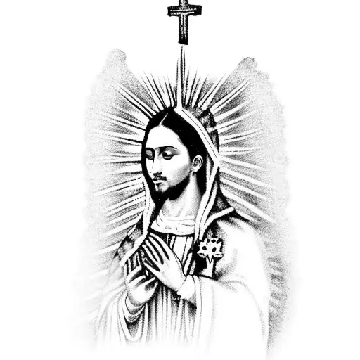 virgen de Guadalupe, San Judas, and Jesus on a cross with Mexico flag background tattoo design idea