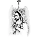 virgen de Guadalupe, San Judas, and Jesus on a cross with Mexico flag background tattoo design idea