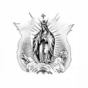 virgen de Guadalupe, San Judas, and Jesus on a cross with Mexico flag background tattoo design idea