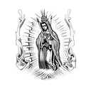 virgen de Guadalupe, San Judas, and Jesus on a cross with Mexico flag background tattoo design idea