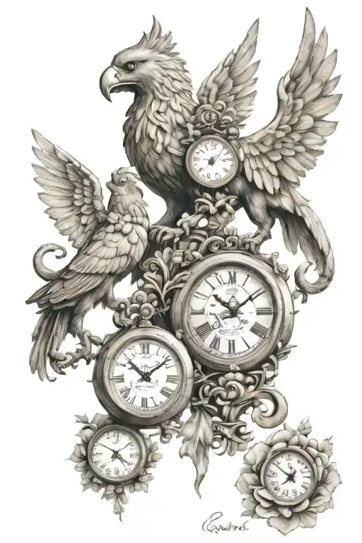 The Rostock Griffin with two clocks. One is a female clock with flowers showing the time 1:03, and the other is a male c tattoo design idea