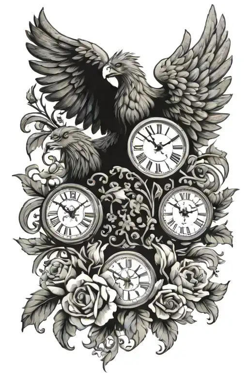 The Rostock Griffin with two clocks. One is a female clock with flowers showing the time 1:03, and the other is a male c tattoo design idea