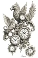The Rostock Griffin with two clocks. One is a female clock with flowers showing the time 1:03, and the other is a male c tattoo design idea