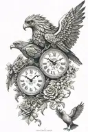 The Rostock Griffin with two clocks. One is a female clock with flowers showing the time 1:03, and the other is a male c tattoo design idea