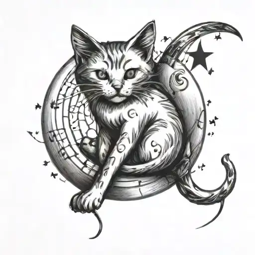 A sketch style tattoo of a cat sitting on a crescent moon, with music notes floating around them tattoo design idea