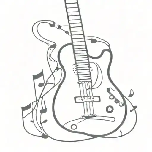 A minimalist tattoo of a guitar with music notes intertwined, inspired by 70s classic rock tattoo design idea