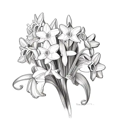 Violet, Daffodil, Daisy, Narcissus, and Lily of the valley flower bouquet  tattoo design idea