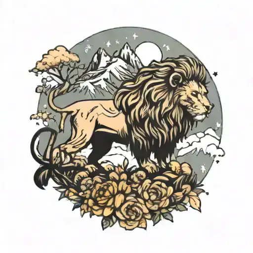 lion surrounded by mountains and flowers and trees and sky and stars  tattoo design idea