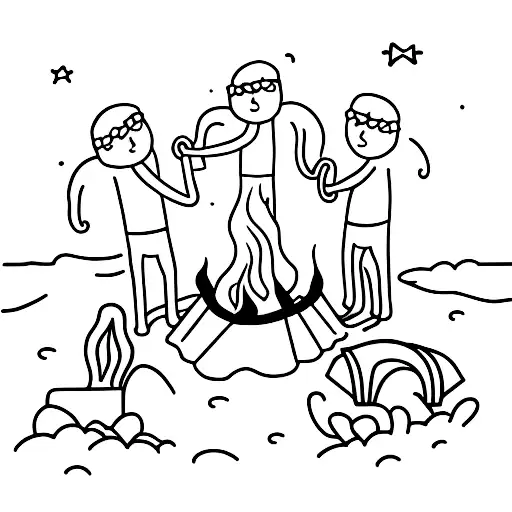 A minimalist tattoo of a group of friends holding hands around a campfire on the beach tattoo design idea