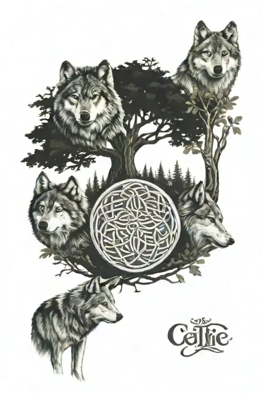4 wolves with celtic tree of life tattoo design idea