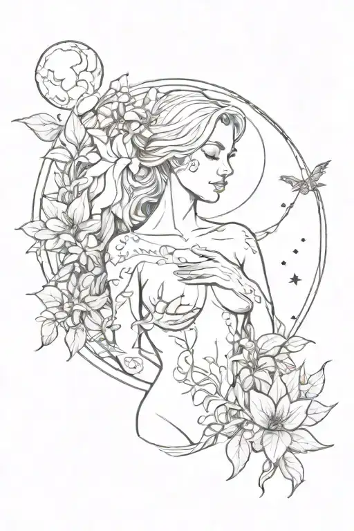 female torso with plants, witchy, moon tattoo design idea