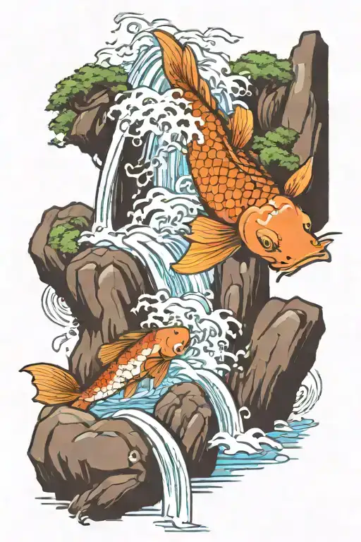koi fish jumping up a waterfall surrounded by japanese maple trees and a fu dog at a river embankment  tattoo design idea