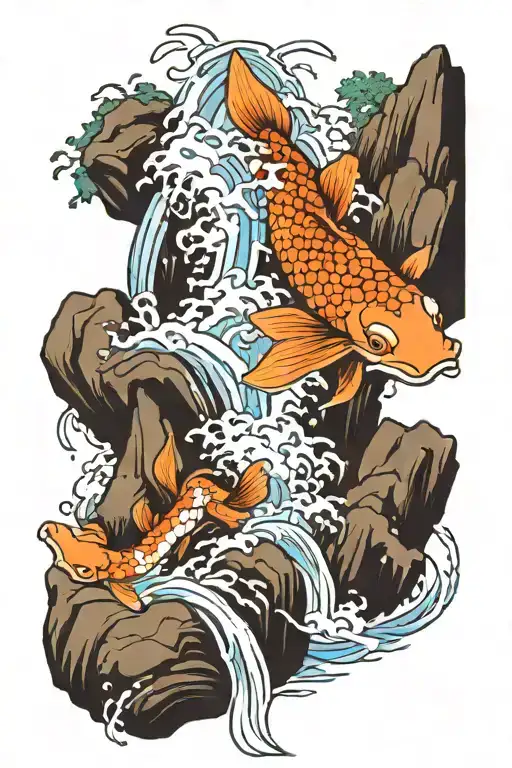 koi fish jumping up a waterfall surrounded by japanese maple trees and a fu dog at a river embankment  tattoo design idea