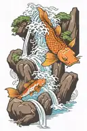 koi fish jumping up a waterfall surrounded by japanese maple trees and a fu dog at a river embankment  tattoo design idea