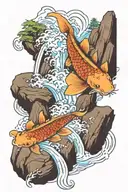 koi fish jumping up a waterfall surrounded by japanese maple trees and a fu dog at a river embankment  tattoo design idea