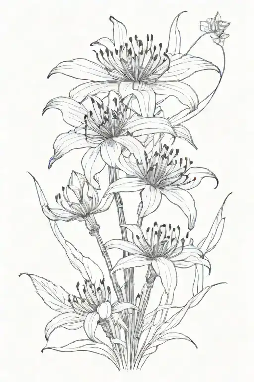 "A black and white illustration of two Lycoris Radiata flowers, also known as red spider lilies, drawn with lin tattoo design idea