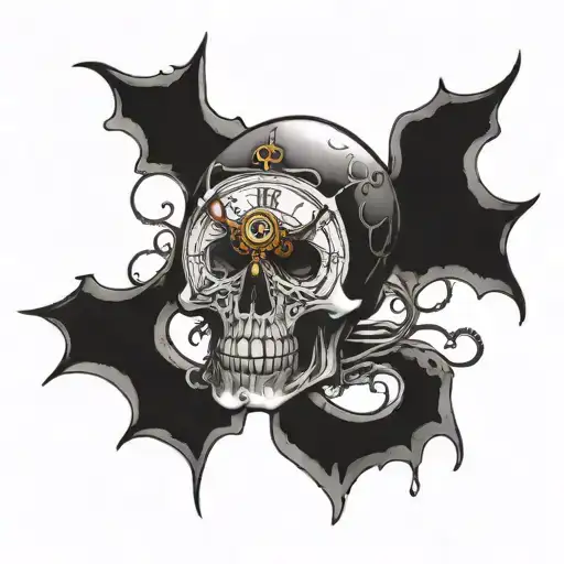 A haunting image of a skull with clock hands for eyes, illustrating the passage of time and the inevitability of death tattoo design idea
