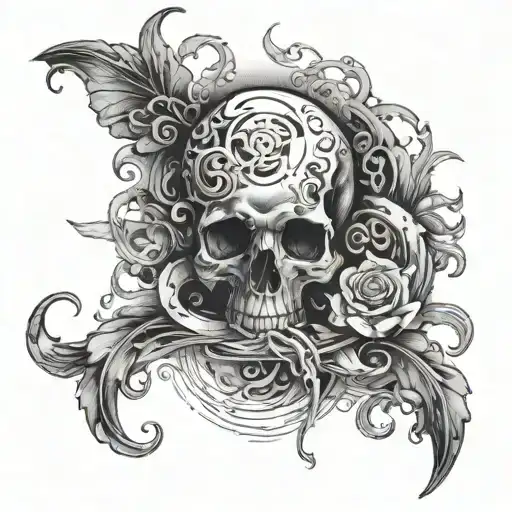 A skull surrounded by a swirling vortex of darkness and light, representing the struggle between giving up and finding faith tattoo design idea