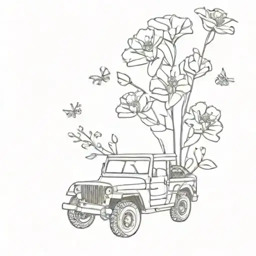 military jeep with flowers tattoo design idea