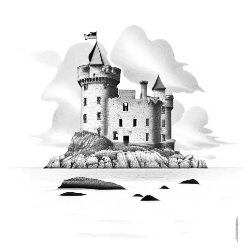 A serene coastal scene with a Scottish castle ruins blending into the cliff above the sea tattoo design idea