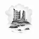 A serene coastal scene with a Scottish ruins of an old castle  blending into the cliff above the sea, from the side tattoo design idea