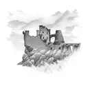 A serene coastal scene with a Scottish ruins of an old castle  blending into the cliff above the sea, from the side tattoo design idea