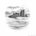 A serene coastal scene with a Scottish ruins of an old castle  blending into the cliff above the sea, from the side tattoo design idea