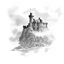 A serene coastal scene with a Scottish castle ruins blending into the cliff above the sea tattoo design idea