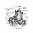 A serene coastal scene with a Scottish castle ruins blending into the cliff above the sea tattoo design idea