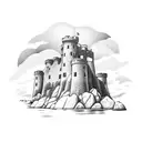A serene coastal scene with a Scottish castle ruins blending into the cliff above the sea tattoo design idea