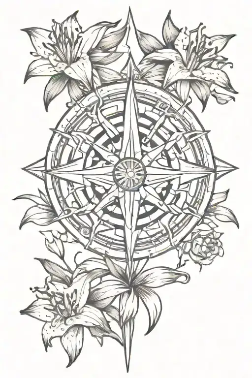 lillies surrounding compass rose intertwined tattoo design idea