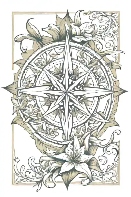 lillies surrounding compass rose intertwined tattoo design idea