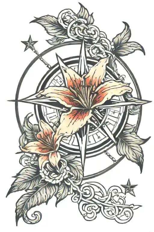 lillies surrounding compass rose intertwined tattoo design idea