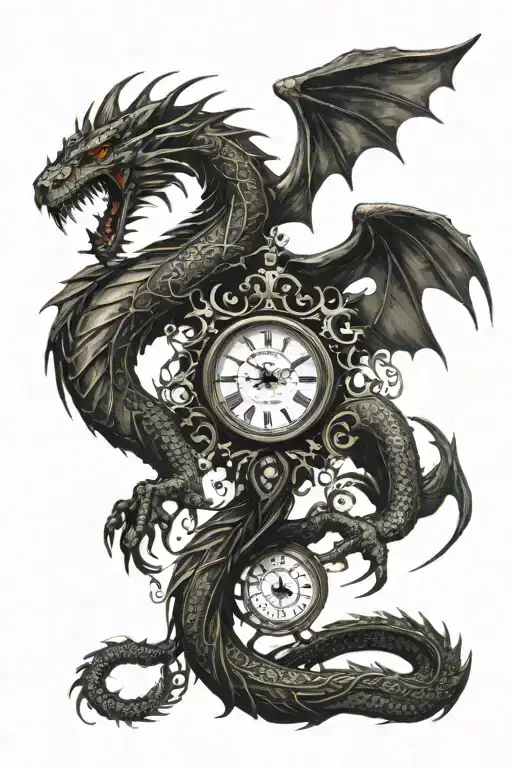 a long dragon and a clock tattoo design idea