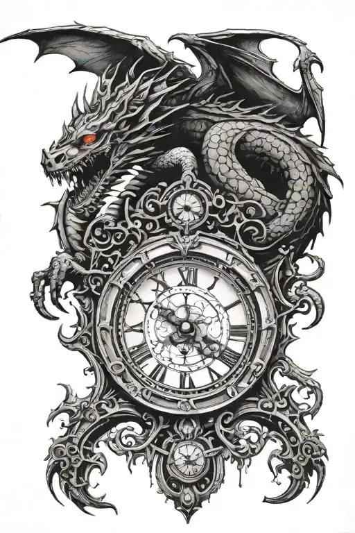 a long dragon and a clock tattoo design idea