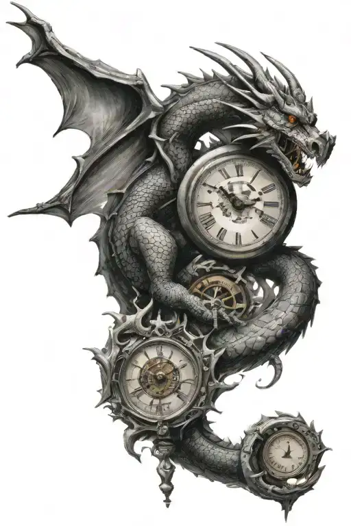 a dragon and a small clock tattoo design idea
