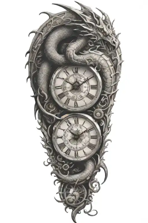 a long dragon and a clock tattoo design idea