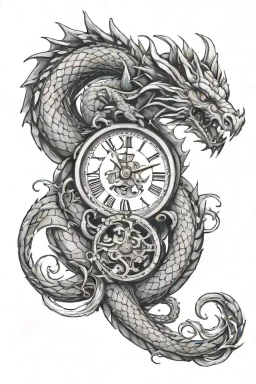 a dragon and a small clock tattoo design idea
