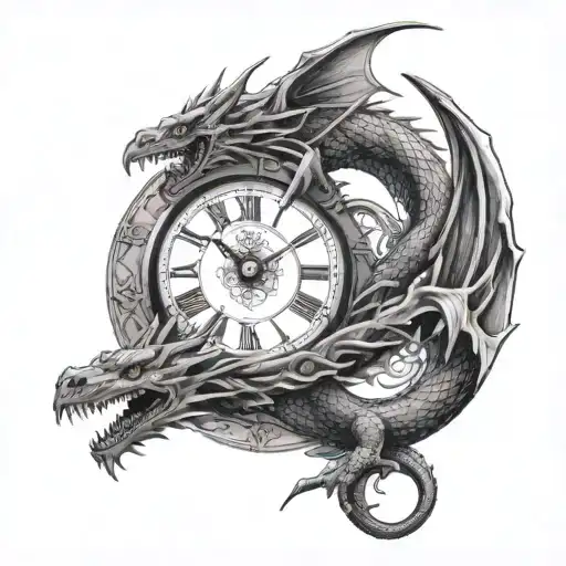a long dragon and a clock tattoo design idea