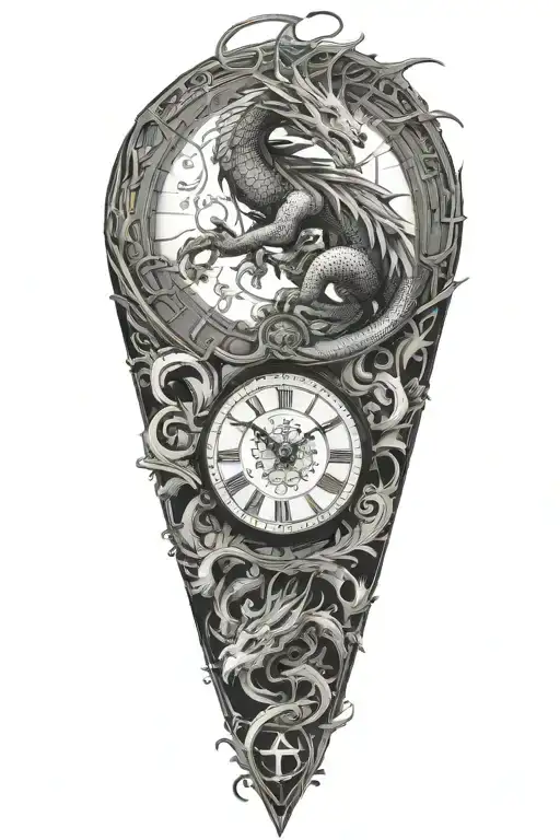 a long dragon and a clock tattoo design idea