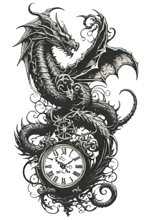 a long dragon and a clock tattoo design idea