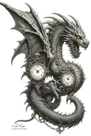 a dragon and a small clock tattoo design idea