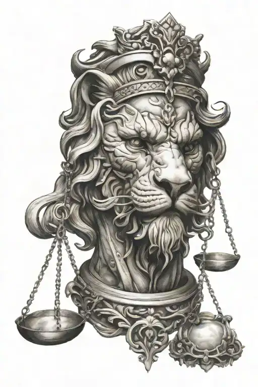 Red Lion Head biting scales of justice tattoo design idea
