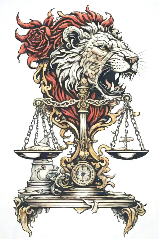 Red Lion Head biting scales of justice tattoo design idea