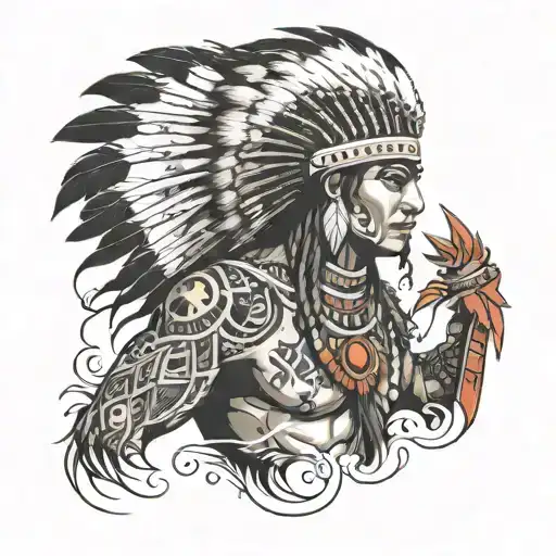 fire indian warrior holding tattoo design idea